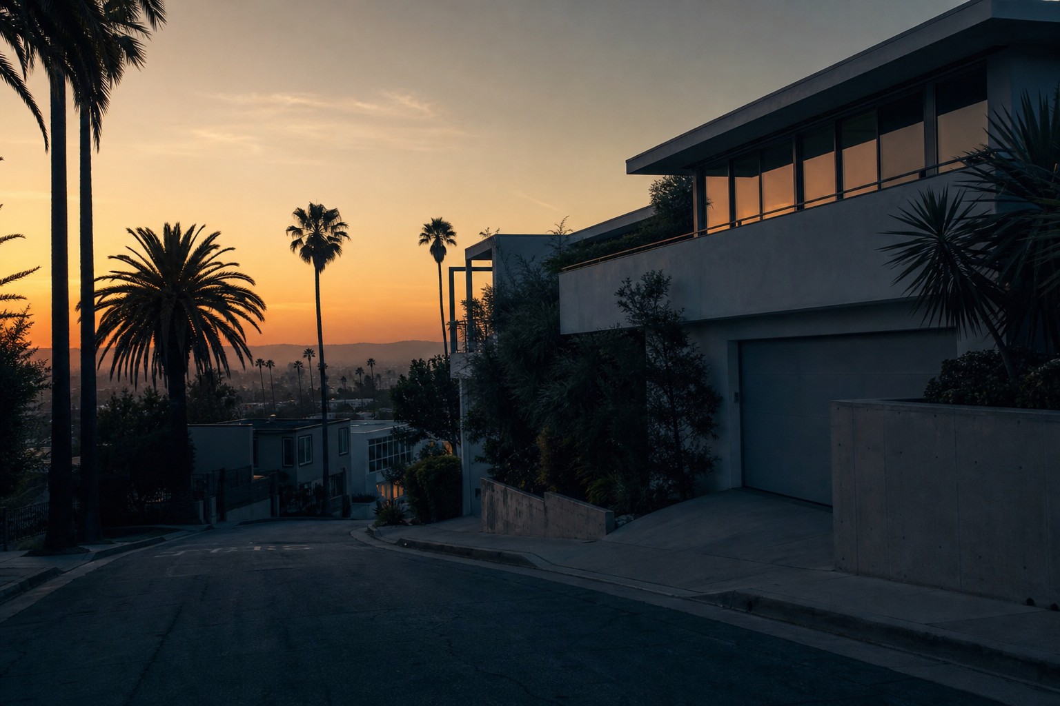 Illustrative concept image of a Los Angeles hillside street at dusk